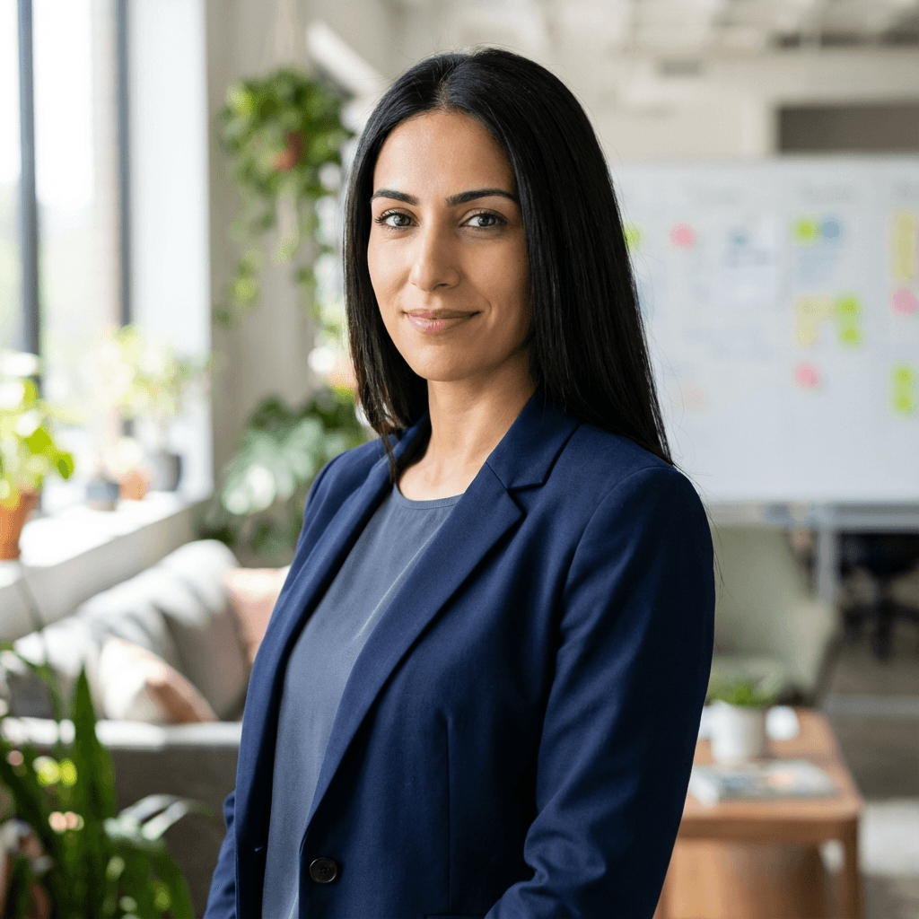 Female stylist in her early 30s, Middle Eastern, posing confidently in a bright styling studio