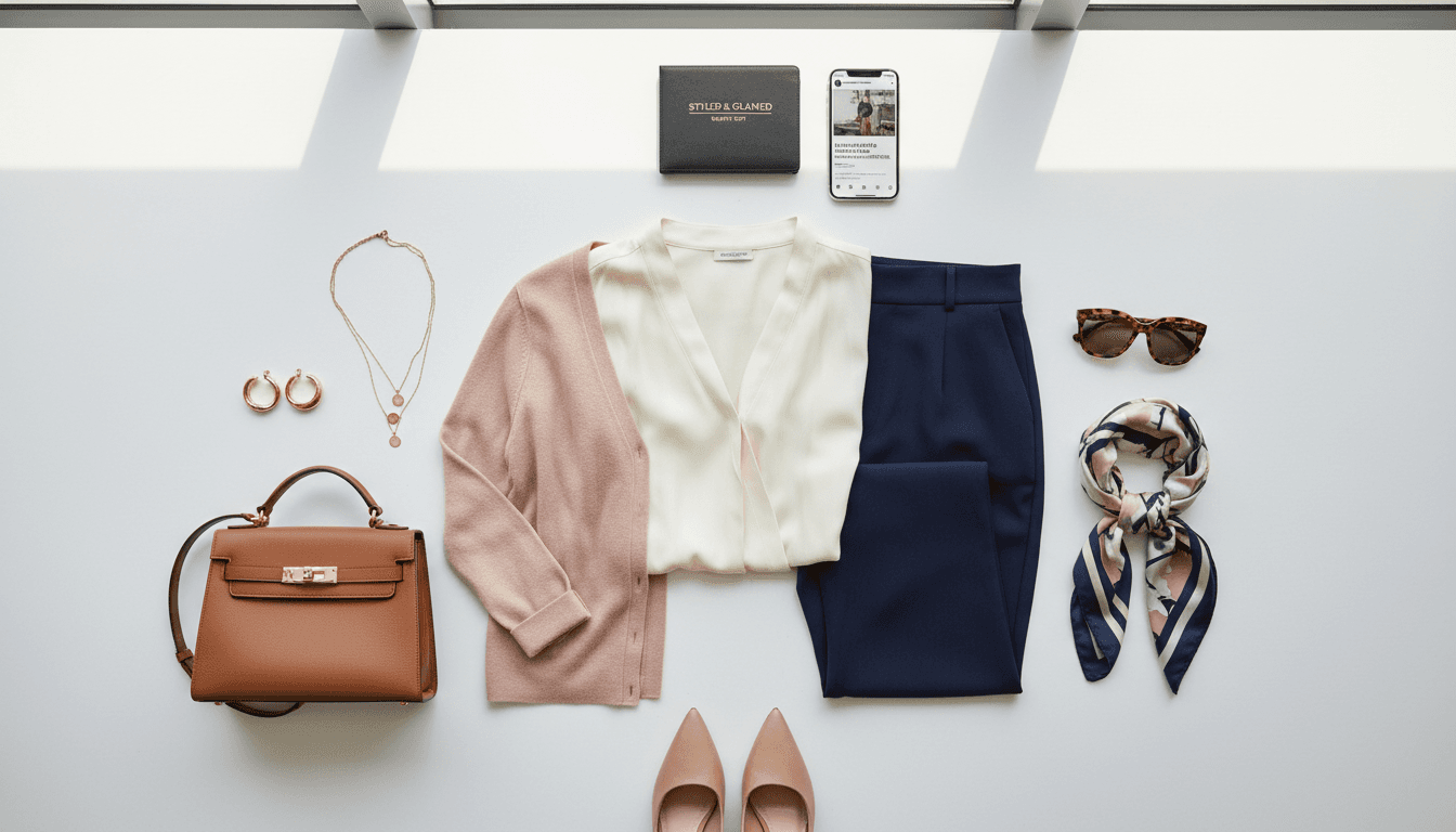 Overhead view of stylishly arranged clothing and accessories showcasing expert color coordination