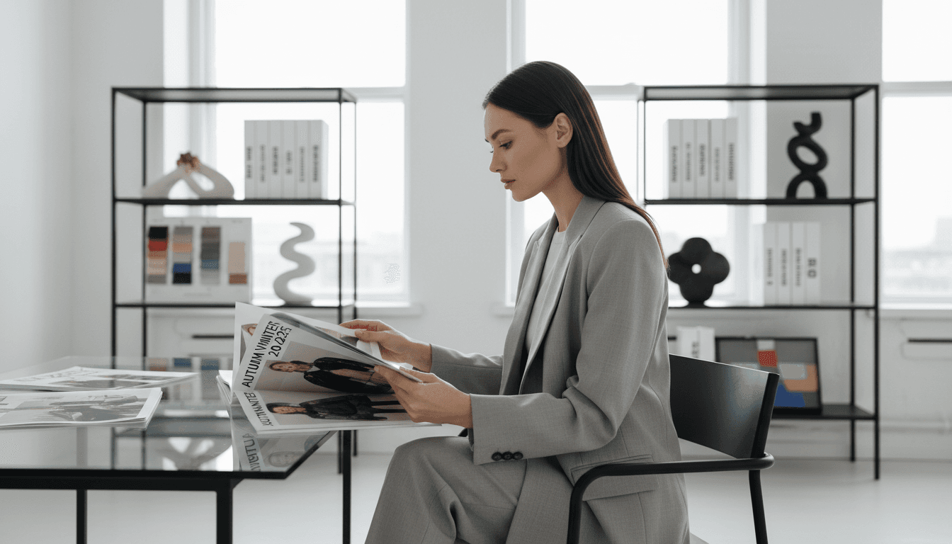 Stylist showing a tailored blazer to a client in a bright modern studio with clothing racks.