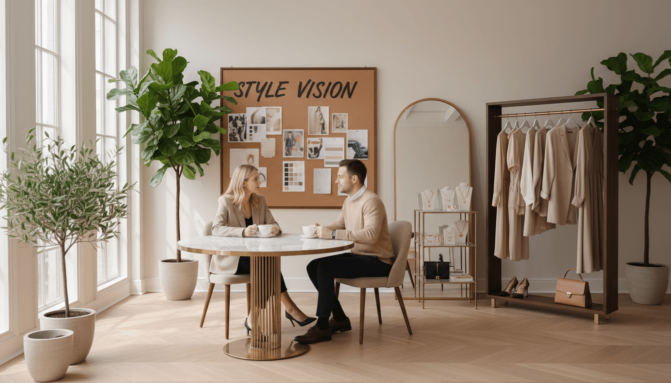Stylist consulting with a client in a bright minimalist studio