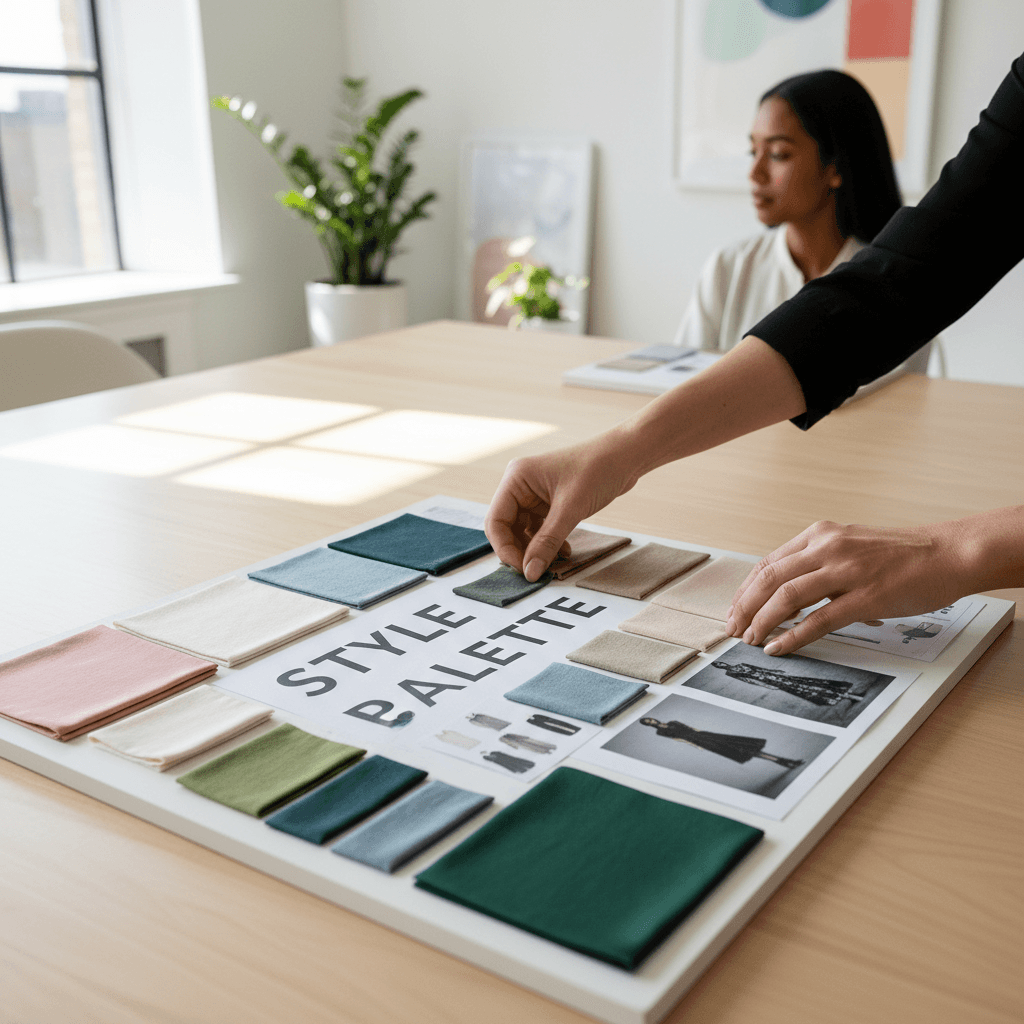 Stylist holding fabric swatches during a personal consultation