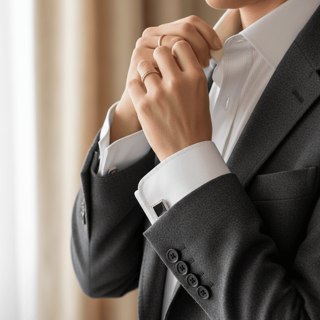 Stylist adjusting a client's blazer in a bright, minimal studio